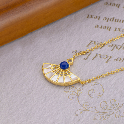 Lapis Lazuli & MOP Fan Pendant - Natural Stone Necklace