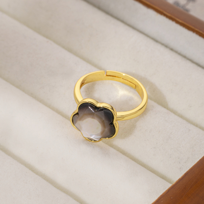 Faceted Black Shell Plum Blossom Ring for Women - Adjustable & Chic