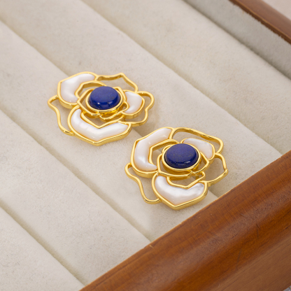 Natural Lapis Lazuli Camellia Stud Earrings - Elegant & Luxurious