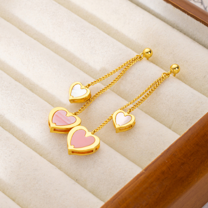 Queen Shell & MOP Double Heart Earrings - Delicate Fringe Dangle