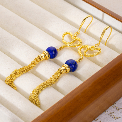 Round Lapis Lazuli Fringe Earrings - 18K Gold Plated Luxe