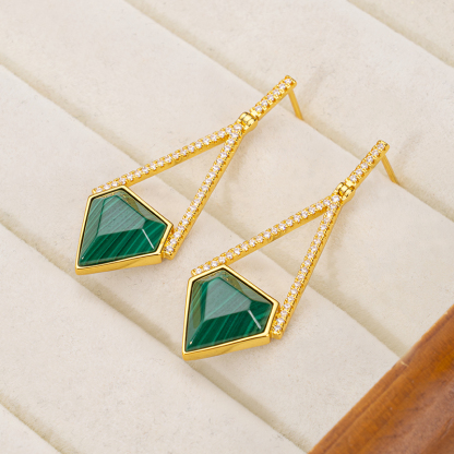 Natural Malachite Faceted Earrings | Triangular European Chic 