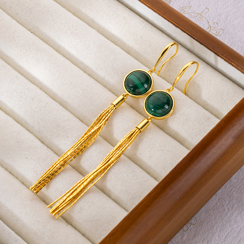 Vintage Tassel Malachite Dangle Earrings | Boho Chic Statement Jewelry for Women | Artisan-Crafted Sophisticated Elegance & Timeless Luxury