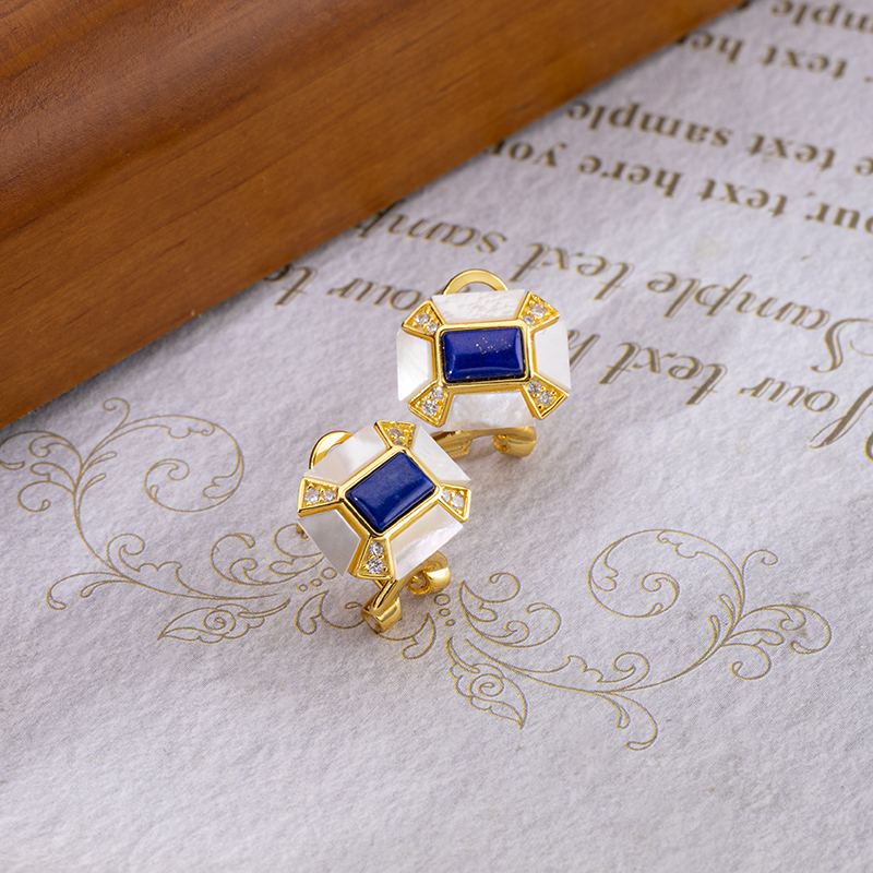 Lapis and MOP Clip Earrings Square Elegant