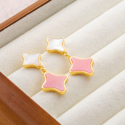 Modern Clover Drop Earrings - Deep-Sea White MOP & Queen Conch, Effortless Elegance