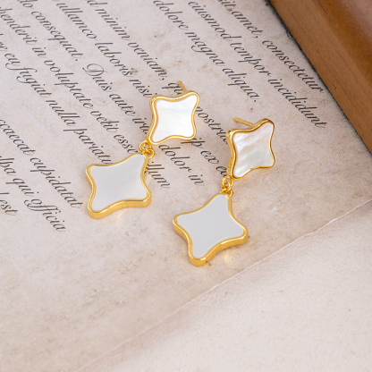 Boho Chic Shell Earrings - White MOP Clover, Minimalist Drops