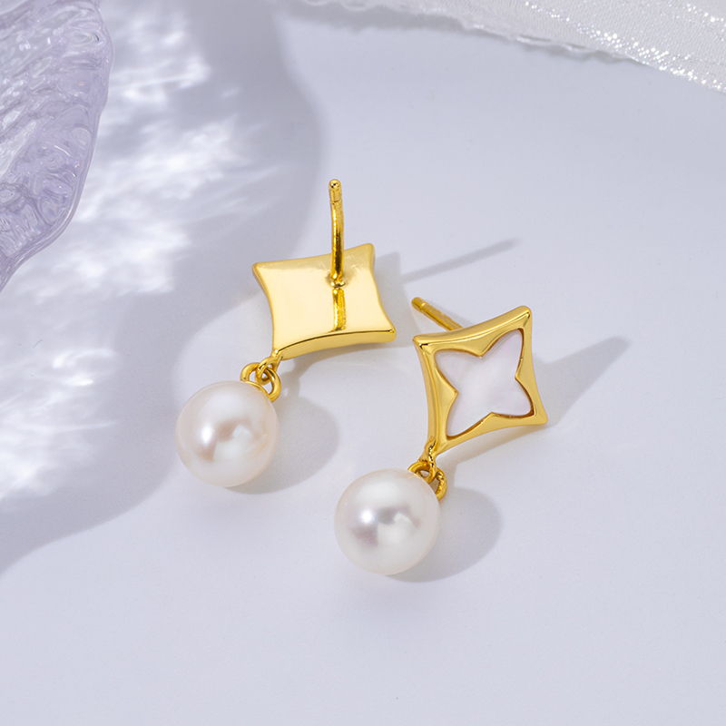 Delicate White MOP Clover Stud Earrings with Pearl Accents