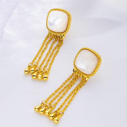 18K Gold Tassel Drops - Square White MOP Earrings