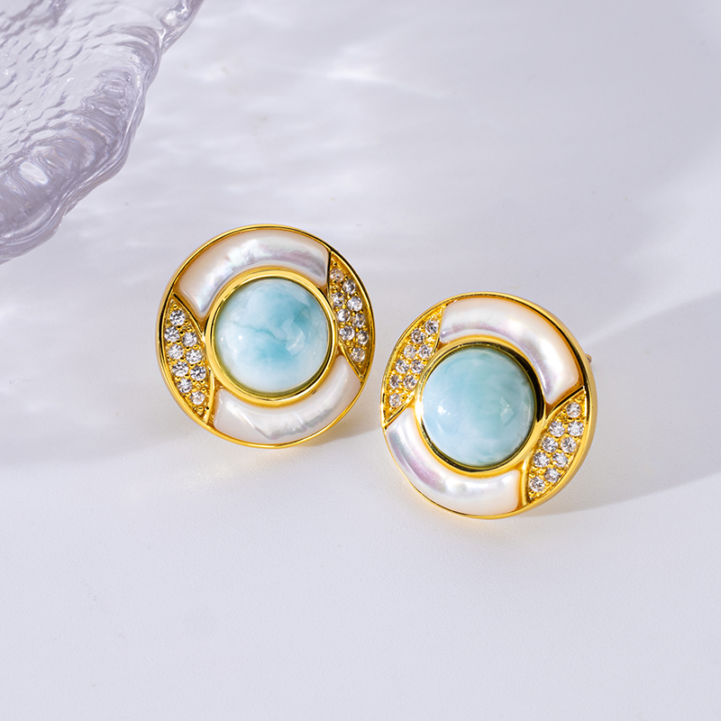 Luxury Round Stud Earrings Inlaid with Larimar & Zircon Shiny Fresh Women's Earrings