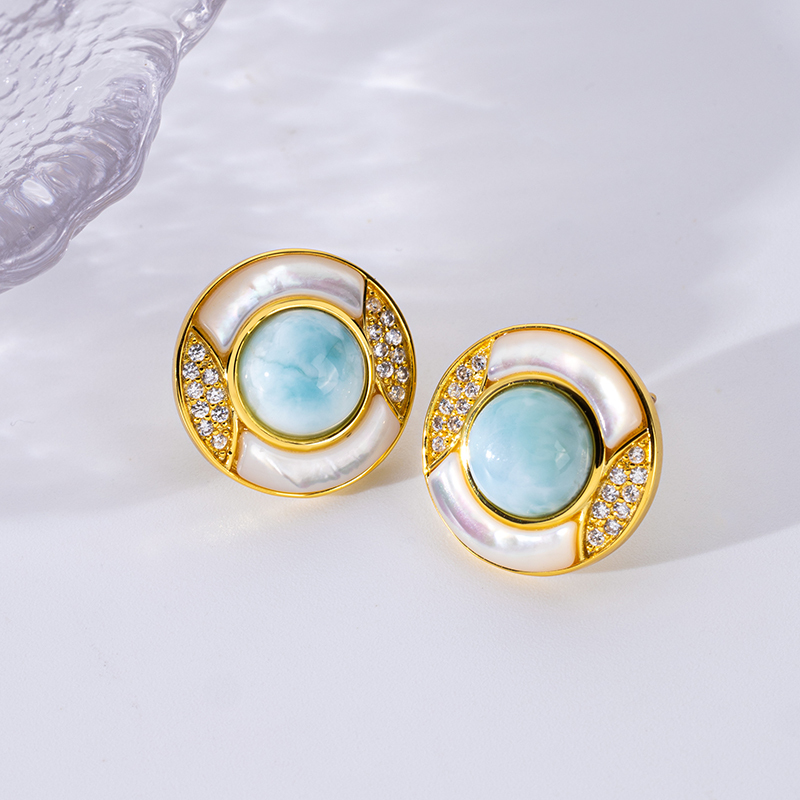 Luxury Round Stud Earrings Inlaid with Larimar & Zircon Shiny Fresh Women's Earrings