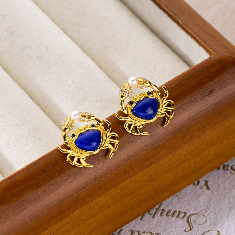 Natural Lapis Lazuli Crab Stud Earrings - 18K Gold Plated Elegance