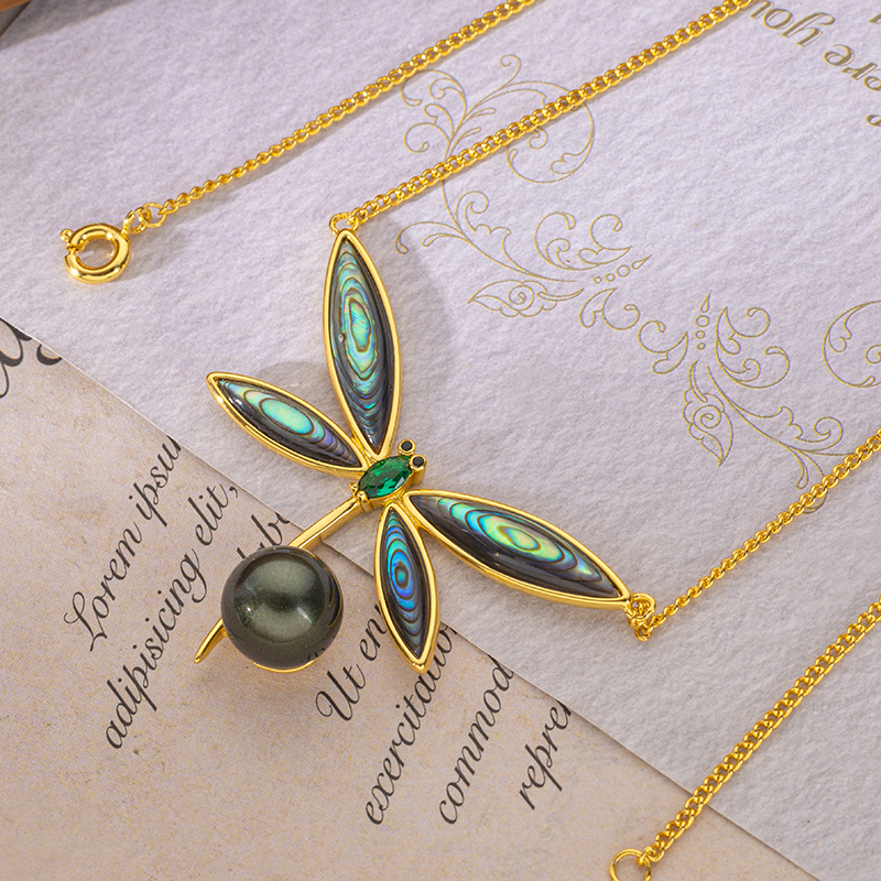 Iridescent Abalone Pearl Dragonfly Necklace | Natural & Artistic