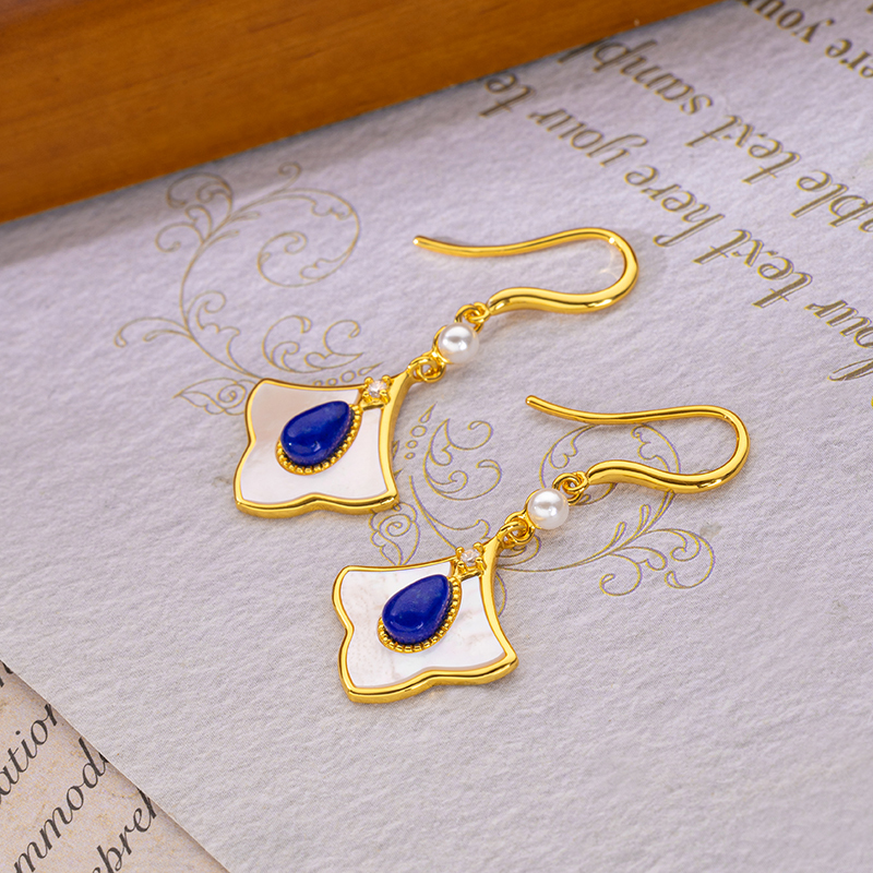 Vintage Teardrop Earrings | Lapis Lazuli & MOP Maple Leaf Design