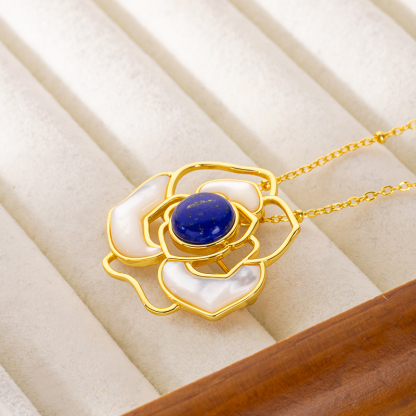 Lapis Lazuli & Mother of Pearl Camellia Necklace - Elegant Floral Jewelry