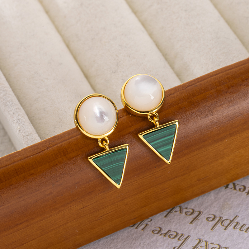 Round MOP & Triangle Malachite Studs - Unique Natural Earrings
