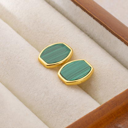 Natural Malachite Flat Geometric Petite Minimalist Korean Style Stud Earrings