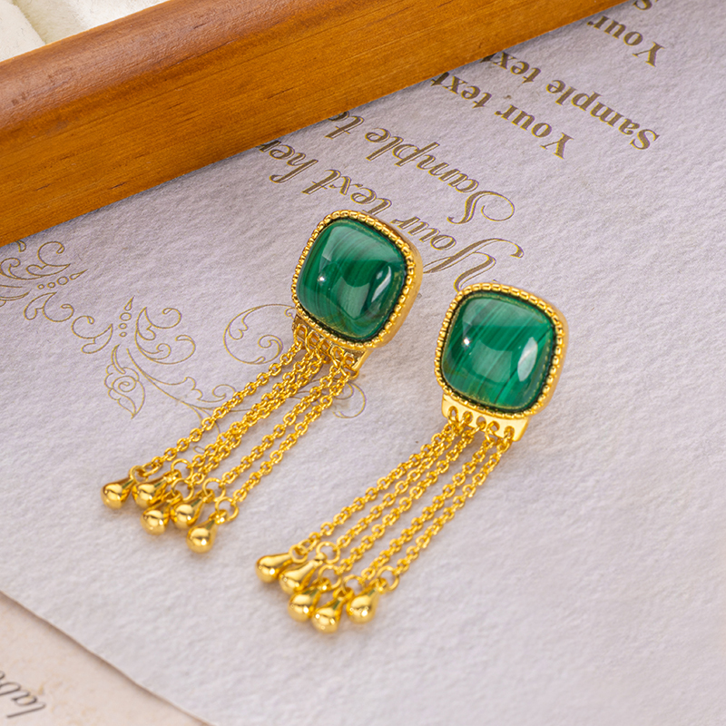 Regal Square Malachite Tassel Earrings in 18K Gold Plated