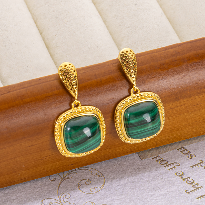 French Regal Malachite Square Earrings: Vintage Elegance