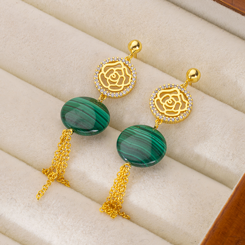 Vintage Malachite Rose Earrings: 18K Gold Plated Tassel