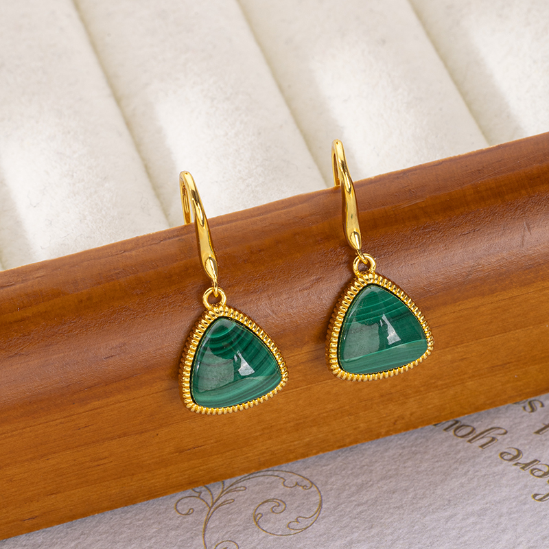 Natural Malachite Triangle Earrings: Minimalist Vintage Style
