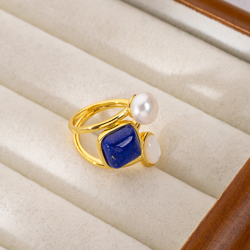 Natural Lapis Lazuli Square Sugar Cube Mother of Pearl Pearl Open Ring for Women