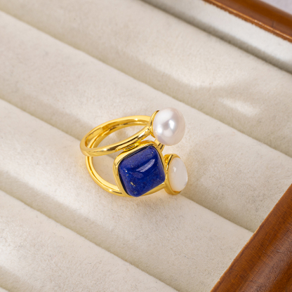 Natural Lapis Lazuli Square Sugar Cube Mother of Pearl Pearl Open Ring for Women
