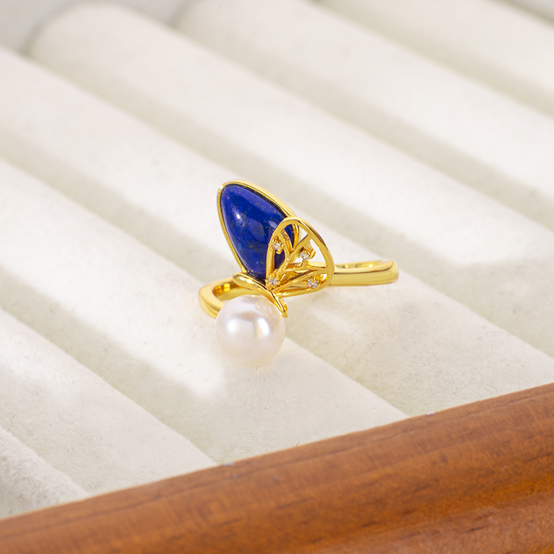 Natural Lapis Lazuli Fashion Butterfly Ring Elegant Unique Band 