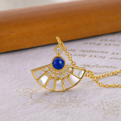 Lapis Lazuli & MOP Fan Pendant - Natural Stone Necklace