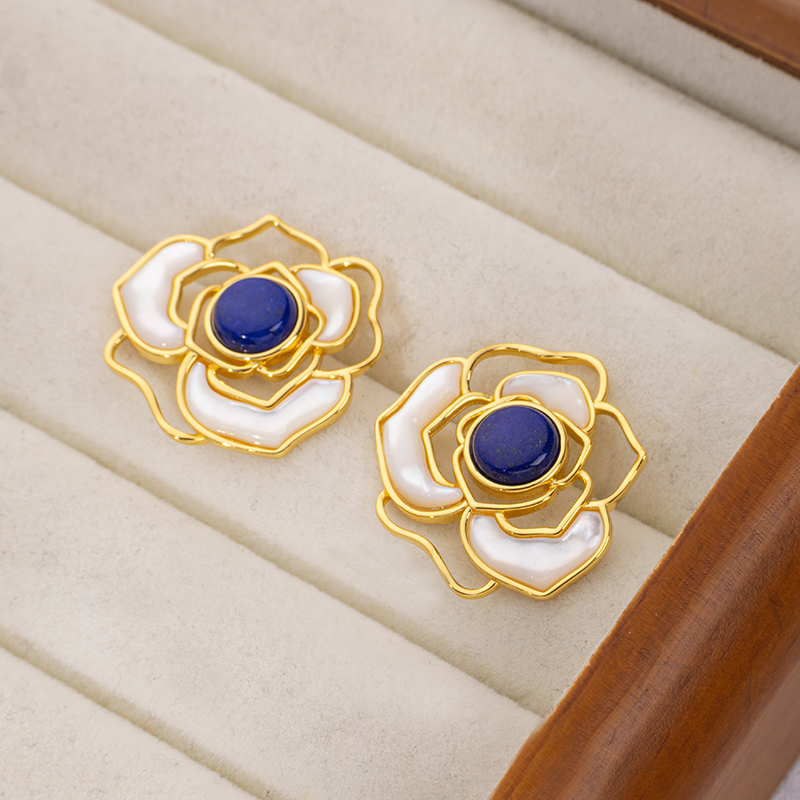 Natural Lapis Lazuli Camellia Stud Earrings - Elegant & Luxurious