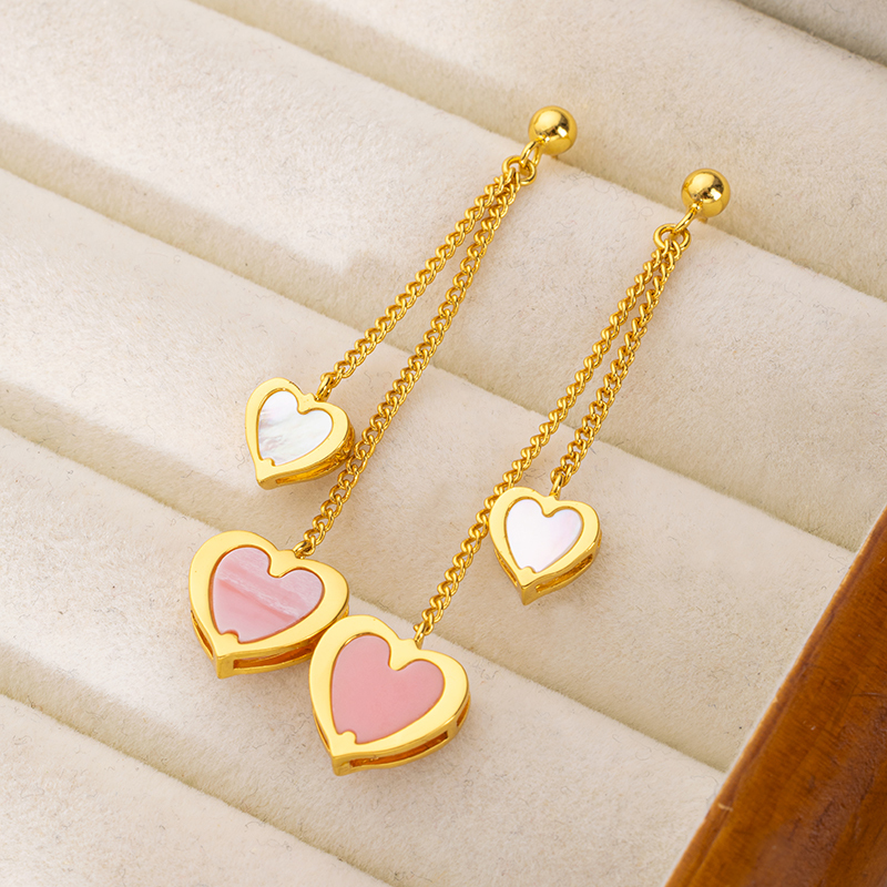 Queen Shell & MOP Double Heart Earrings - Delicate Fringe Dangle