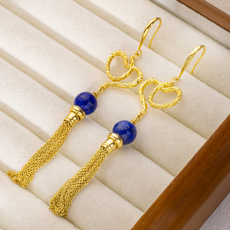 Round Lapis Lazuli Fringe Earrings - 18K Gold Plated Luxe
