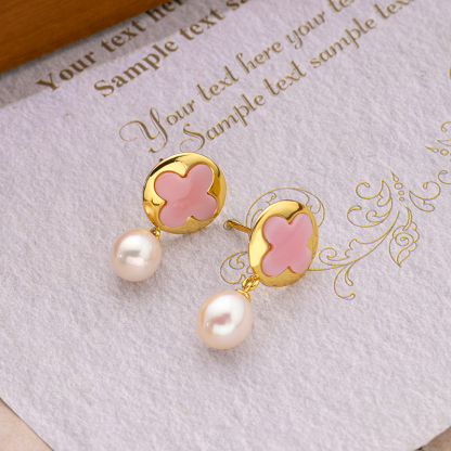 Girly Pink Clover Earrings: Queen Conch & Pearl