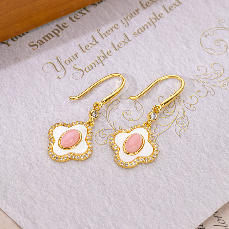 Oval Clover Hook Earrings: Pink Queen Conch & White MOP