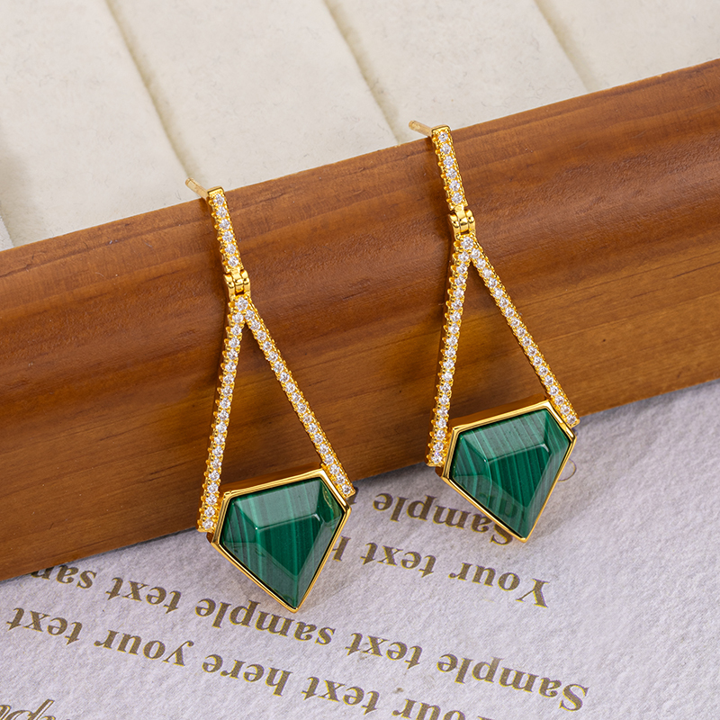 Natural Malachite Faceted Earrings | Triangular European Chic 