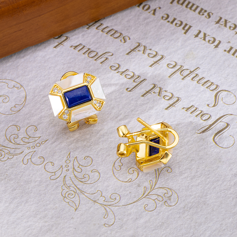 Lapis and MOP Clip Earrings Square Elegant