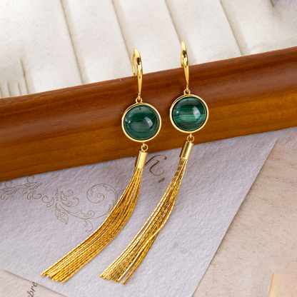 Vintage Tassel Malachite Dangle Earrings | Boho Chic Statement Jewelry for Women | Artisan-Crafted Sophisticated Elegance & Timeless Luxury