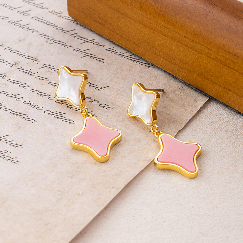 Modern Clover Drop Earrings - Deep-Sea White MOP & Queen Conch, Effortless Elegance