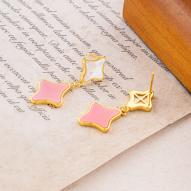 Modern Clover Drop Earrings - Deep-Sea White MOP & Queen Conch, Effortless Elegance