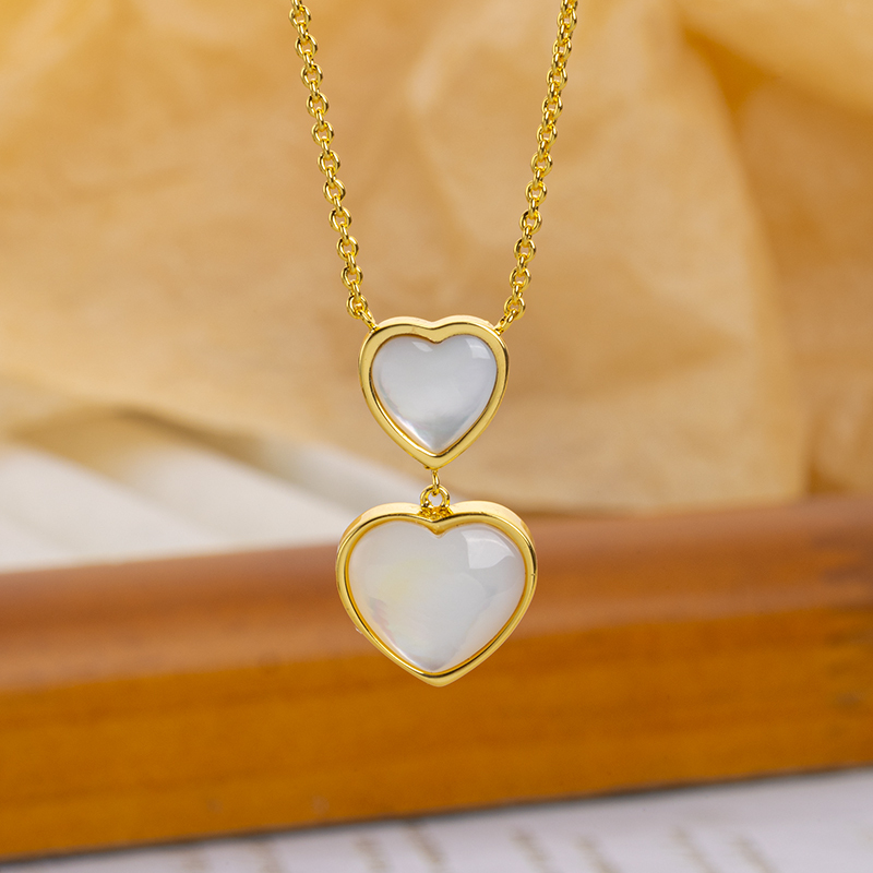Double Heart Natural Mother of Pearl Necklace Women's