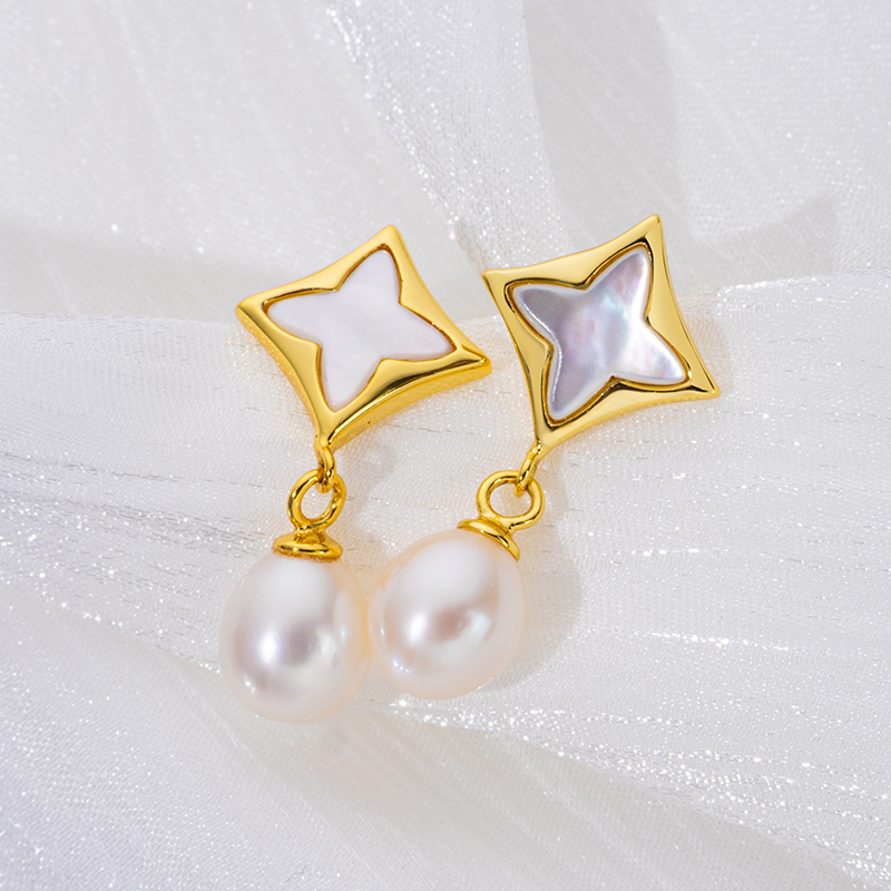 Delicate White MOP Clover Stud Earrings with Pearl Accents