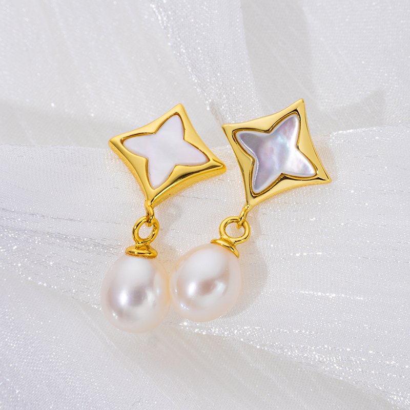 Delicate White MOP Clover Stud Earrings with Pearl Accents