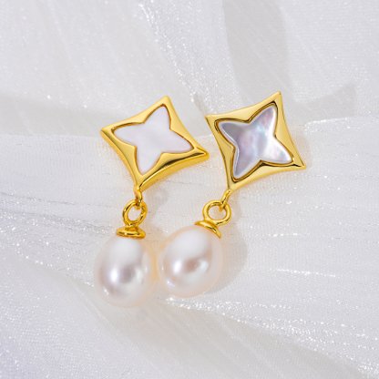 Delicate White MOP Clover Stud Earrings with Pearl Accents