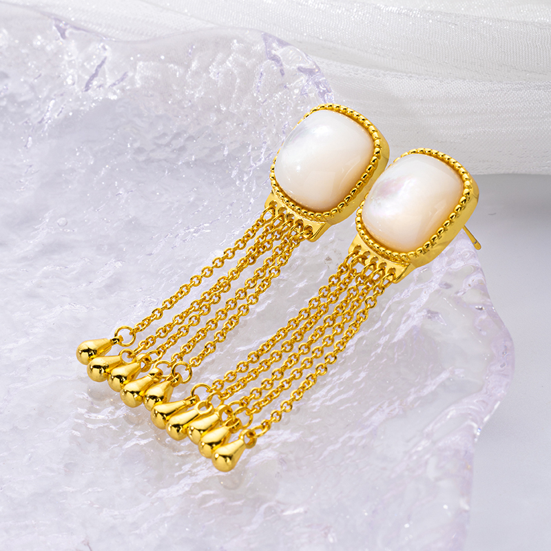 18K Gold Tassel Drops - Square White MOP Earrings