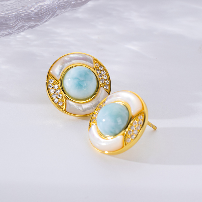 Luxury Round Stud Earrings Inlaid with Larimar & Zircon Shiny Fresh Women's Earrings
