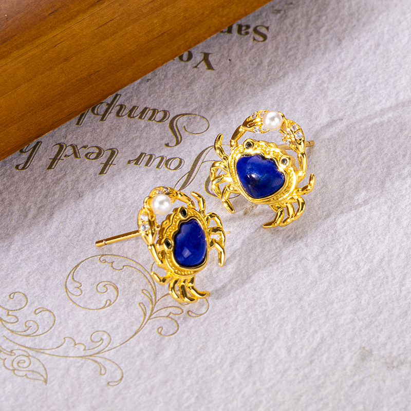 Natural Lapis Lazuli Crab Stud Earrings - 18K Gold Plated Elegance