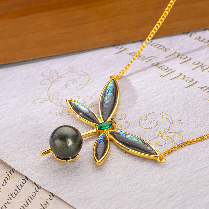 Iridescent Abalone Pearl Dragonfly Necklace | Natural & Artistic