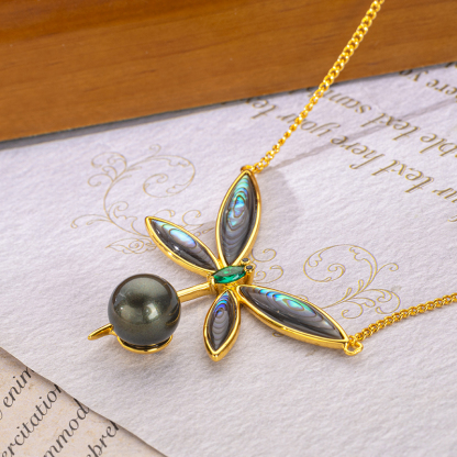 Iridescent Abalone Pearl Dragonfly Necklace | Natural & Artistic