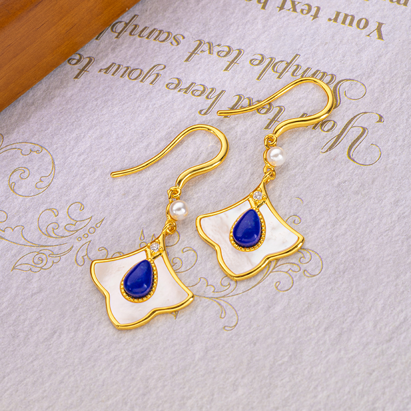 Vintage Teardrop Earrings | Lapis Lazuli & MOP Maple Leaf Design