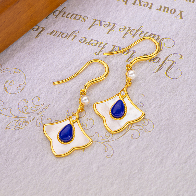 Vintage Teardrop Earrings | Lapis Lazuli & MOP Maple Leaf Design