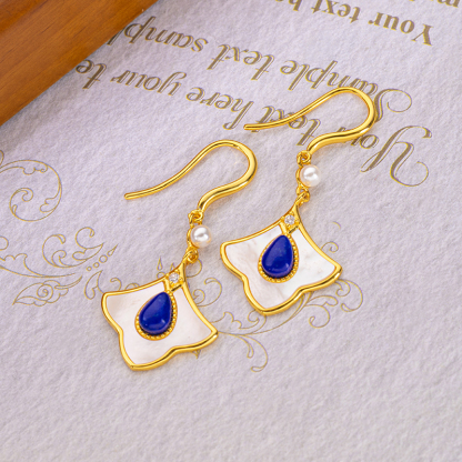 Vintage Teardrop Earrings | Lapis Lazuli & MOP Maple Leaf Design